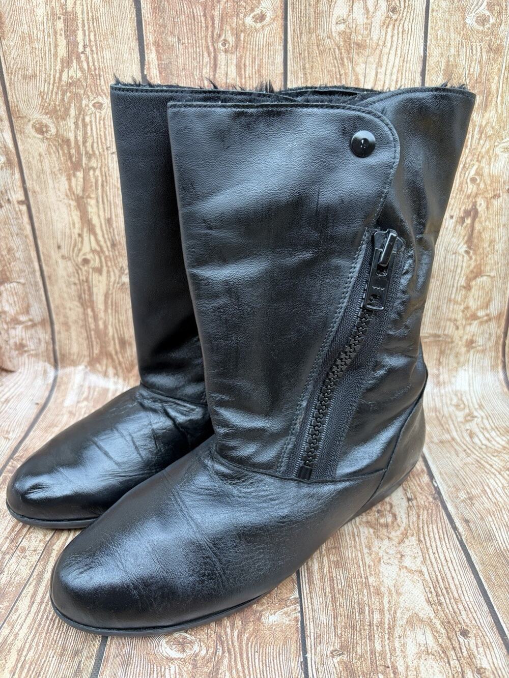 Mason vintage Black Leather Shearling Lined Zip Boots Round Toe SIZE 8.5
